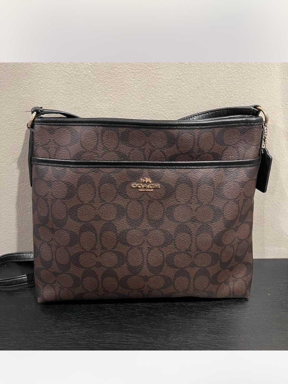 Women’s Coach Signature File Crossbody F58297 Brown Black Coated Canvas Bag